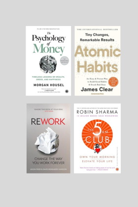 Atomic Habit +Psychology of Money + Rework +5 AM Club 4 books combo (Paperback)