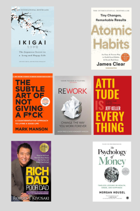 Atomic habit +Psychology of money + Ikigai +Rich Dad Poor Dad +The Subtle art not giving fck + +The Subtle art not giving fck +Attitude is Everything 6 books combo +Rework (Paperback)