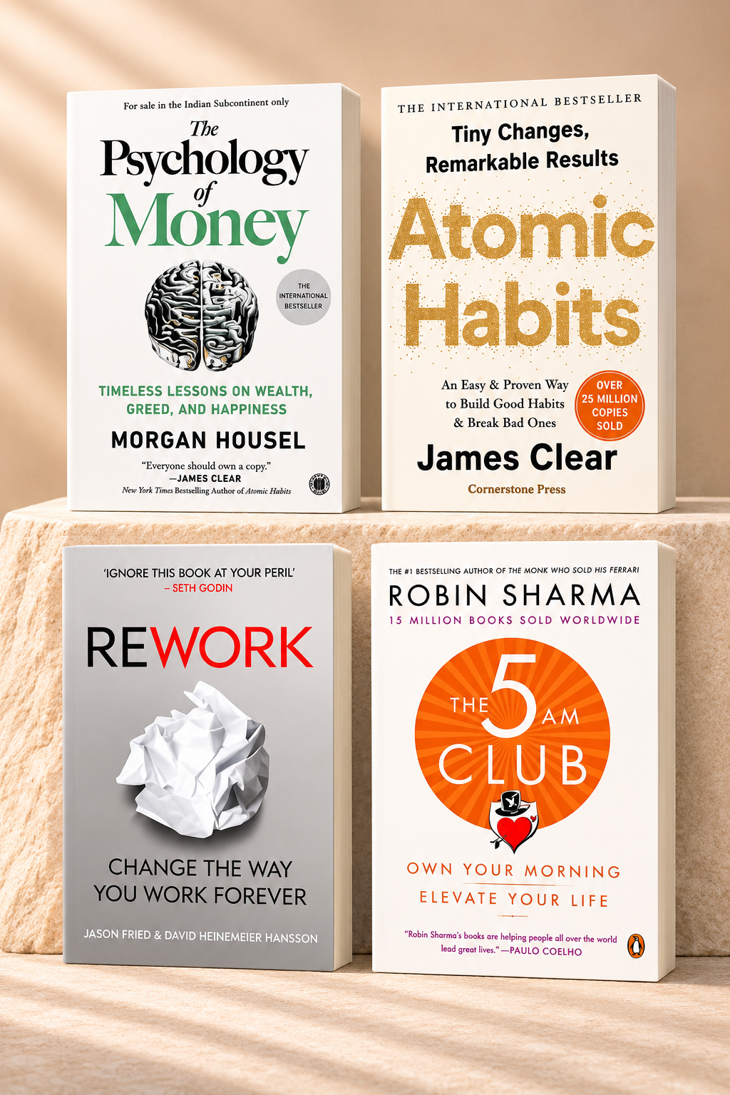 Atomic Habit +Psychology of Money + Rework +5 AM Club 4 books combo | Paperback