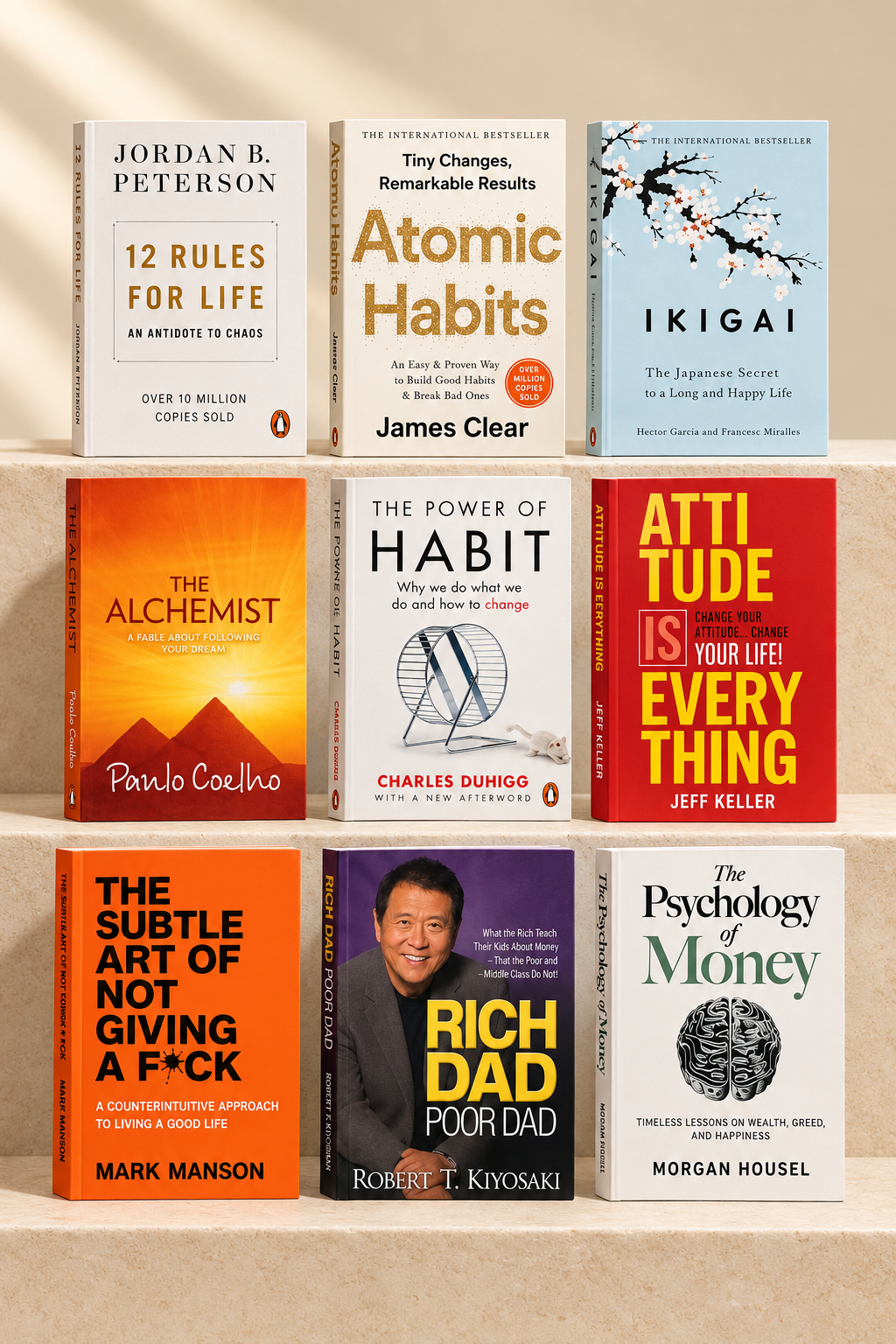 Nine-book combo including Atomic Habits, Ikigai, Rich Dad Poor Dad and The Alchemist