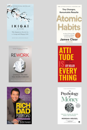 Atomic habit +Psychology of money + Ikigai +Rich Dad Poor Dad +Rework + Attitude is everything | Paperback