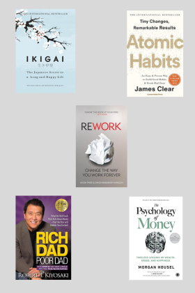 Atomic habit +Psychology of money + Ikigai +Rich Dad Poor Dad +Rework | Paperback