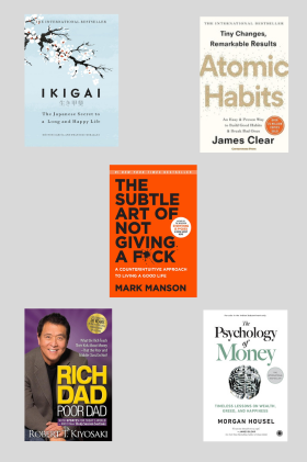 Atomic habit +Psychology of money + Ikigai +Rich Dad Poor Dad +The Subtle art not giving fck (Paperback)
