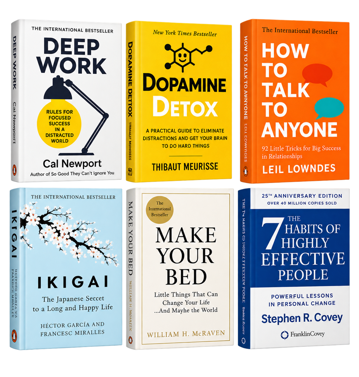 Deep Work + Dopamine Detox + How to Talk to Anyone + Ikigai + Make Your Bed + 7 Habits – 6 Books Combo