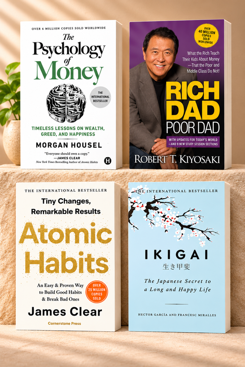 Atomic Habits, The Psychology of Money, Rich Dad Poor Dad, Ikigai (Best quality Paperback)