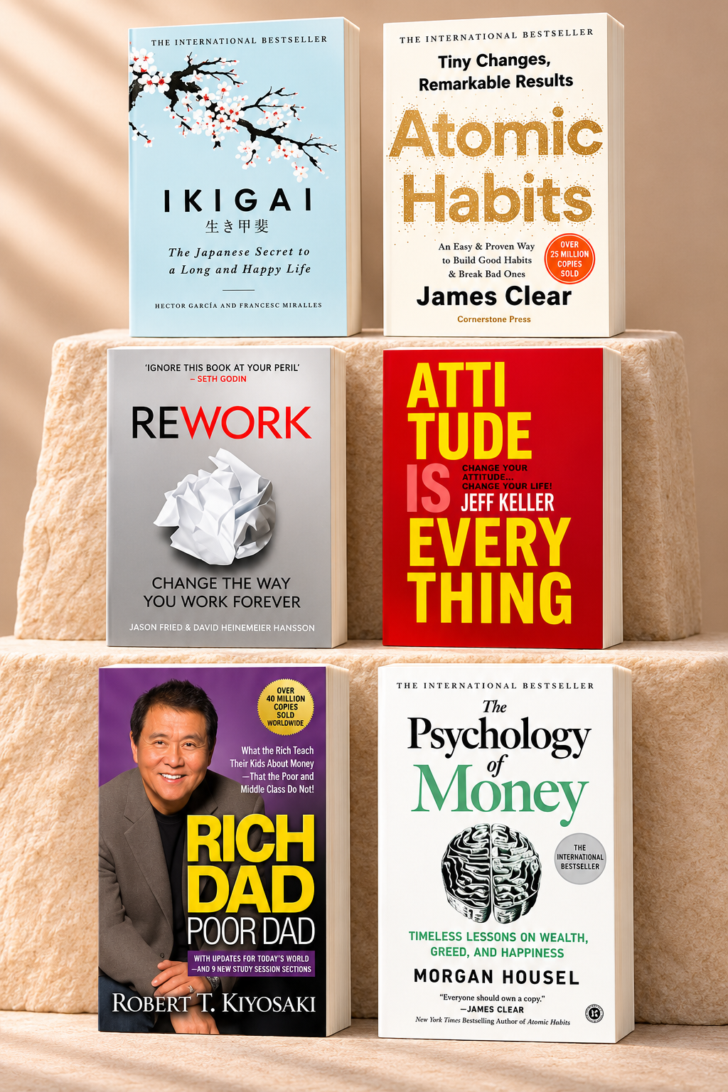 Atomic habit +Psychology of money + Ikigai +Rich Dad Poor Dad +Rework + Attitude is everything 