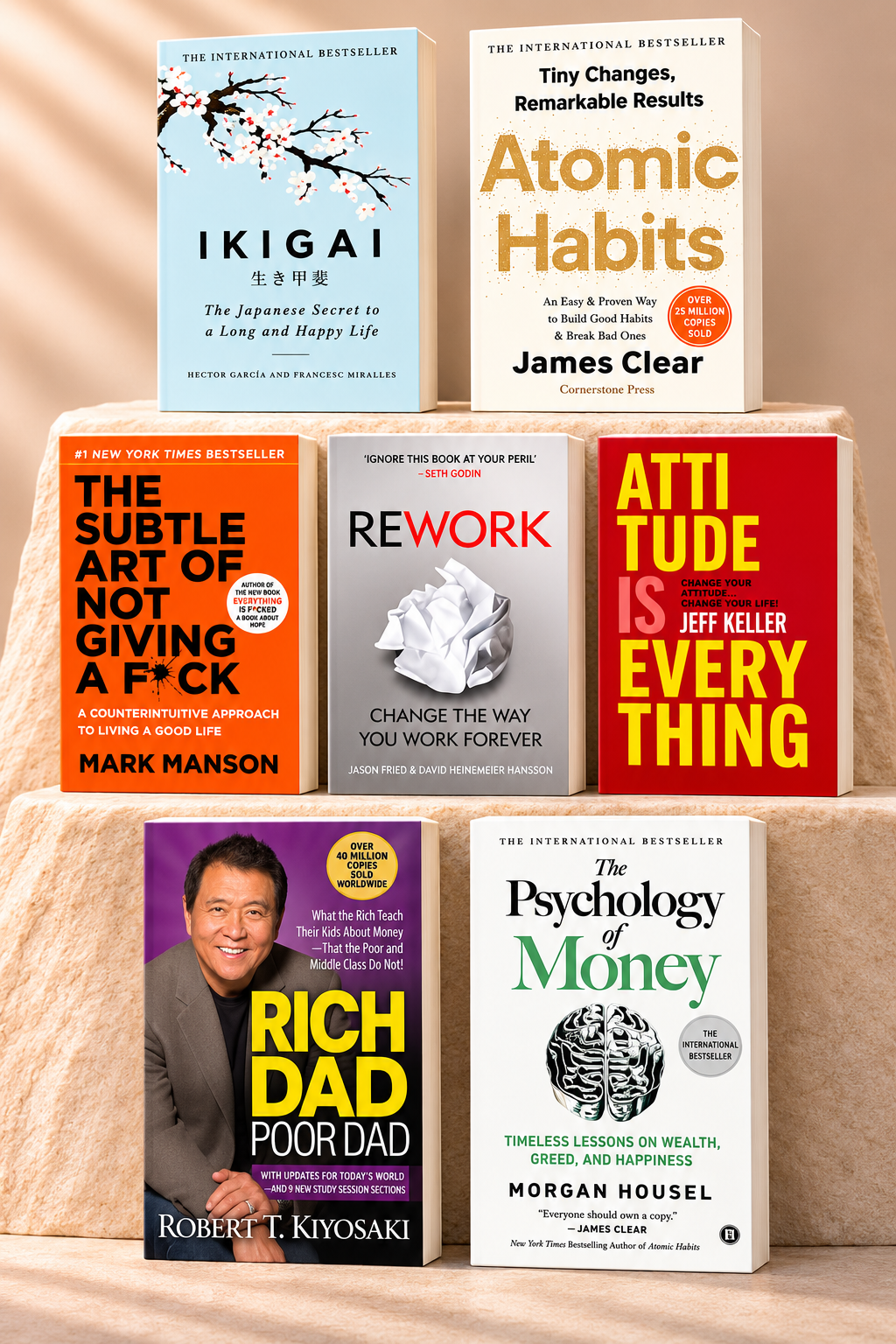 Atomic habit +Psychology of money + Ikigai +Rich Dad Poor Dad +The Subtle art not giving fck + +The Subtle art not giving fck +Attitude is Everything 6 books combo +Rework | Paperback