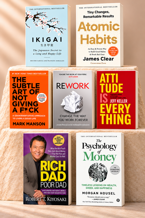 Atomic habit +Psychology of money + Ikigai +Rich Dad Poor Dad +The Subtle art not giving fck + +The Subtle art not giving fck +Attitude is Everything 6 books combo +Rework | Paperback