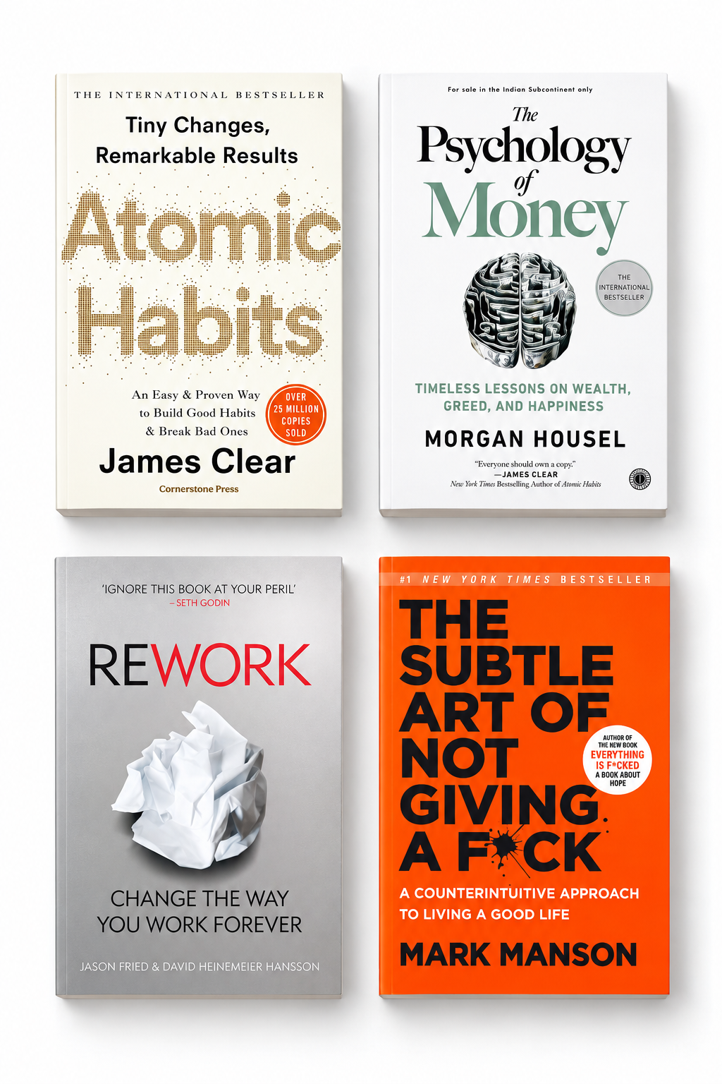 Atomic Habits, Rework, The Psychology of Money and The Subtle Art of Not Giving a F*ck four-book combo