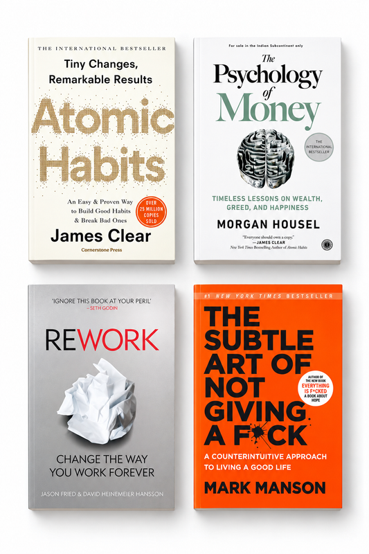 Atomic Habits, Rework, The Psychology of Money and The Subtle Art of Not Giving a F*ck four-book combo