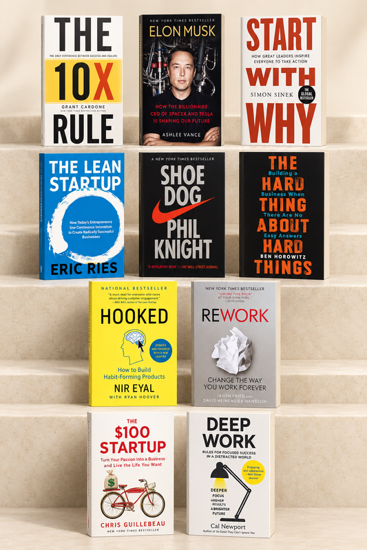 Ten entrepreneurship books including Start With Why, The Lean Startup, Shoe Dog and Deep Work 