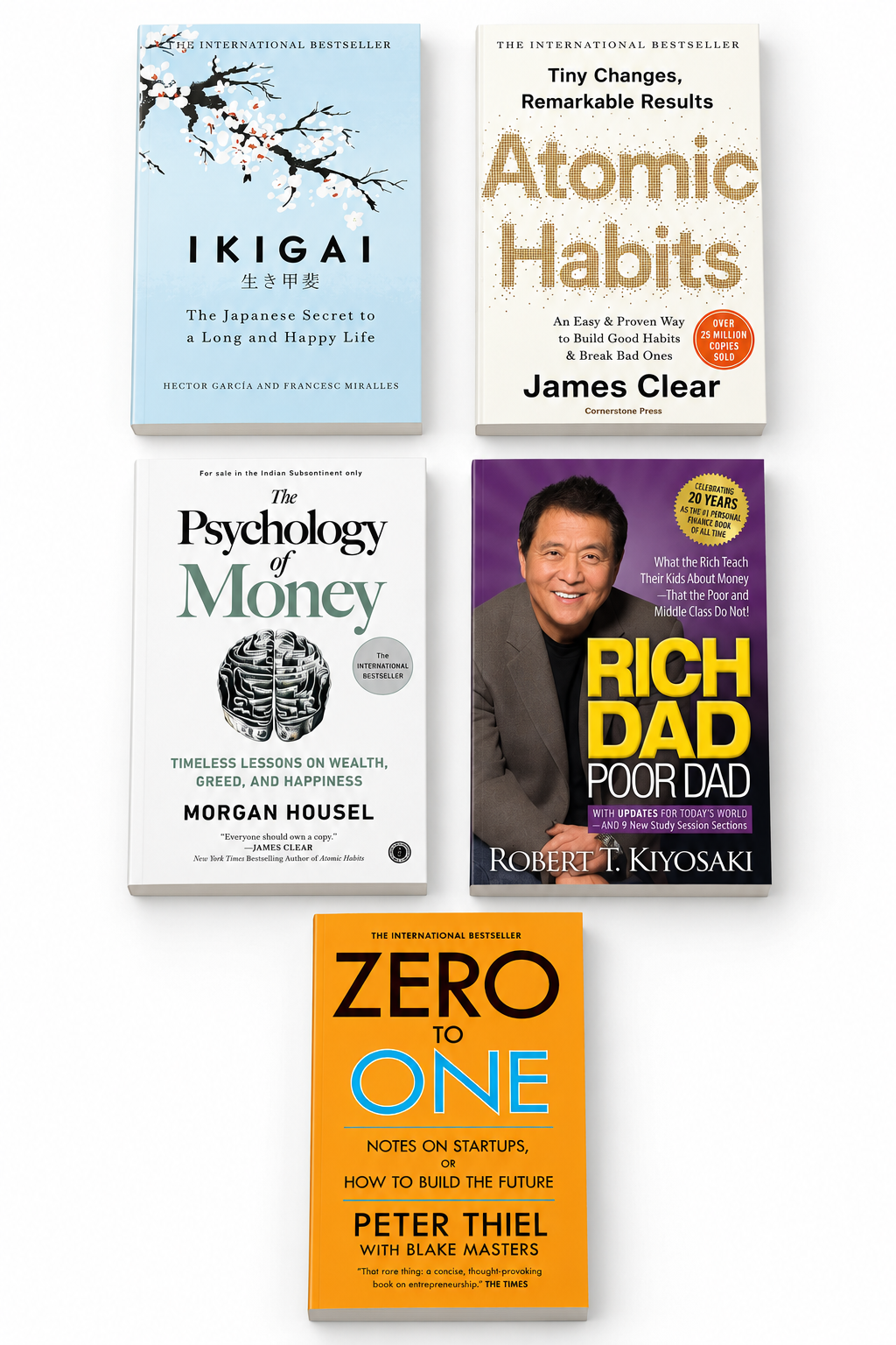 Five-book combo featuring Ikigai, Atomic Habits, The Psychology of Money, Rich Dad Poor Dad and Zero to One
