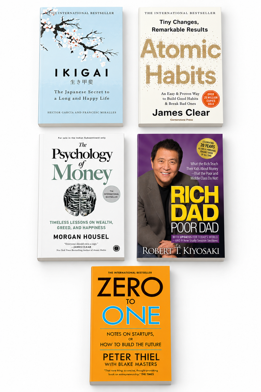 Five-book combo featuring Ikigai, Atomic Habits, The Psychology of Money, Rich Dad Poor Dad and Zero to One